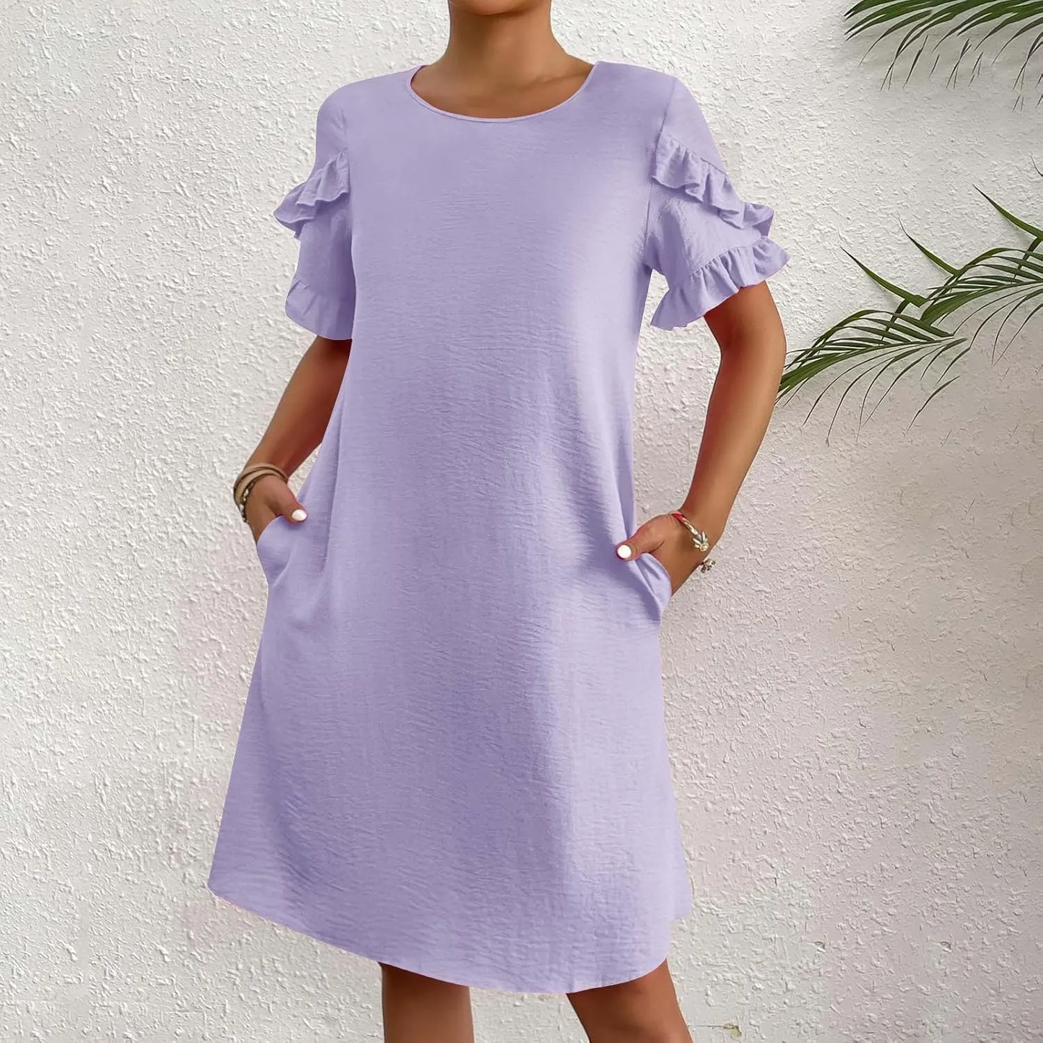 Womens Summer Dresses Trendy Ruffle Edge Short Sleeve Boho Mini Dress Elegant Crewneck Party Club Mini Dress 2024