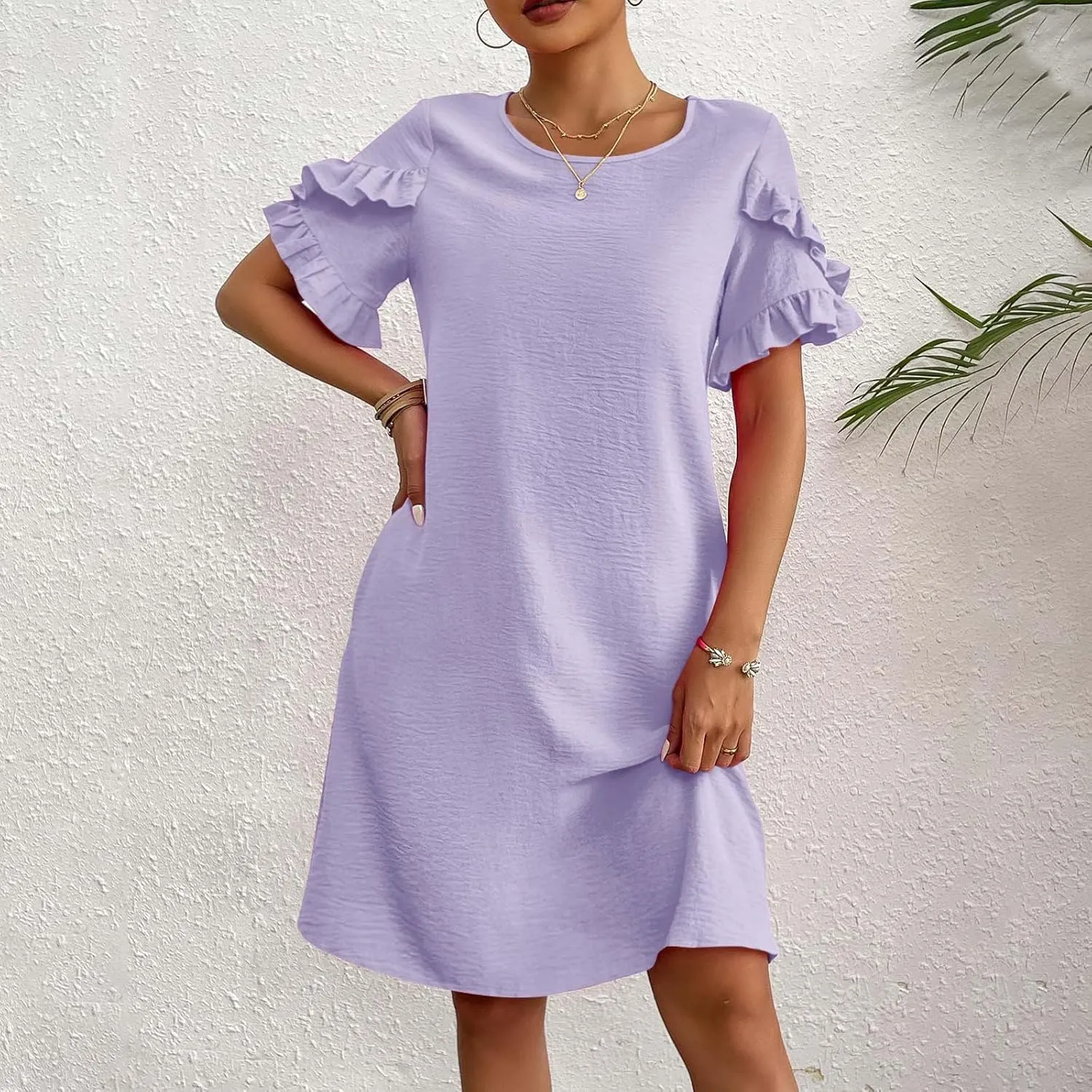 Womens Summer Dresses Trendy Ruffle Edge Short Sleeve Boho Mini Dress Elegant Crewneck Party Club Mini Dress 2024