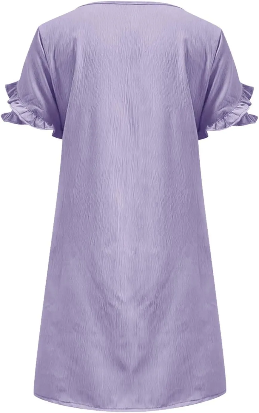 Womens Summer Dresses Trendy Ruffle Edge Short Sleeve Boho Mini Dress Elegant Crewneck Party Club Mini Dress 2024
