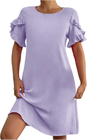 Womens Summer Dresses Trendy Ruffle Edge Short Sleeve Boho Mini Dress Elegant Crewneck Party Club Mini Dress 2024