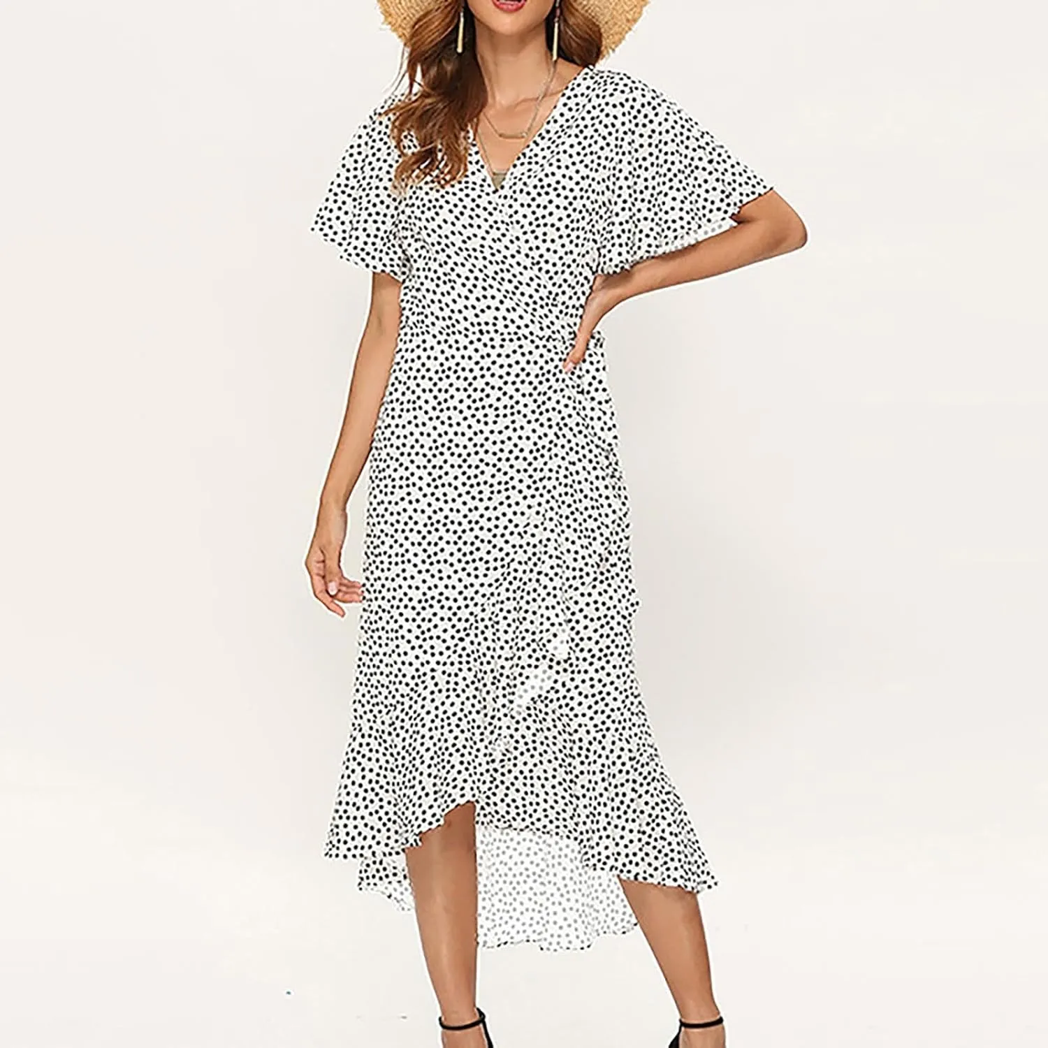 Women's Summer Floral Boho Dress Wrap V Neck Short Sleeve Ruffle A-Line Flowy Maxi Wedding Guest Dresses for Women