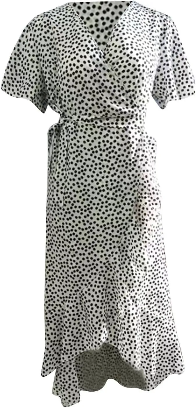 Women's Summer Floral Boho Dress Wrap V Neck Short Sleeve Ruffle A-Line Flowy Maxi Wedding Guest Dresses for Women