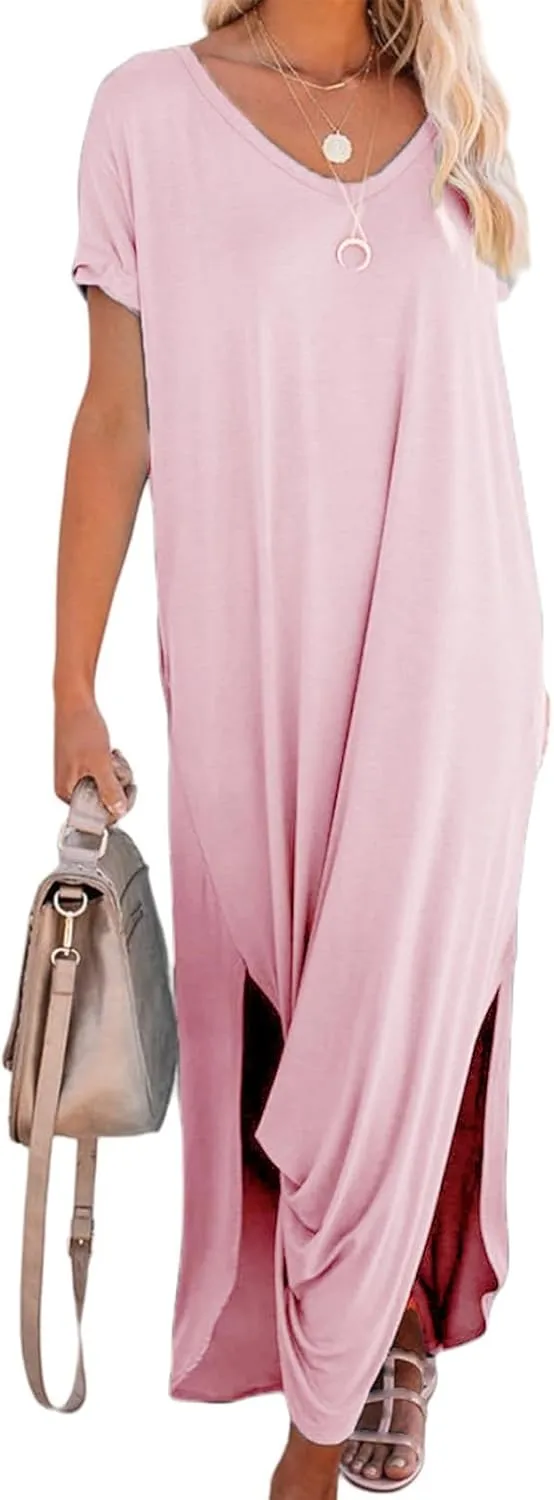 Women's Summer Maxi Dress Short Sleeve V Neck Long T Shirt Dresses Casual Loose Beach Vacation Split Dresses Pockets