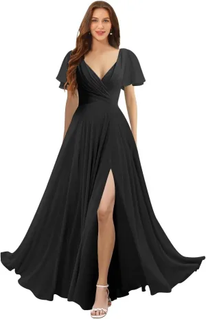 Women's V Neck Bridesmaid Dresses with Slit 2025 Chiffon Short Sleeves A Line Long Formal Gowns XOD0316