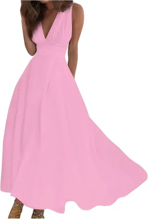Yesunpxs Summer Dresses for Women 2024 Flowy Ruched Wrap V Neck Beach Dresses Sleeveless Printed Maxi Dress Boho Sundresses