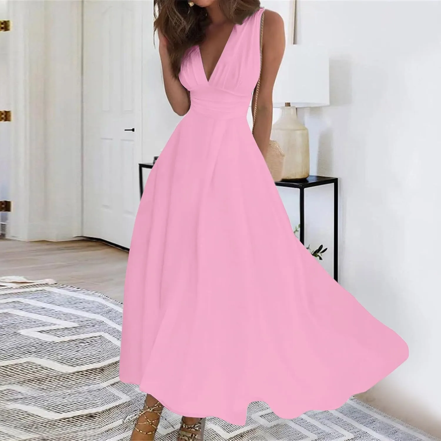 Yesunpxs Summer Dresses for Women 2024 Flowy Ruched Wrap V Neck Beach Dresses Sleeveless Printed Maxi Dress Boho Sundresses