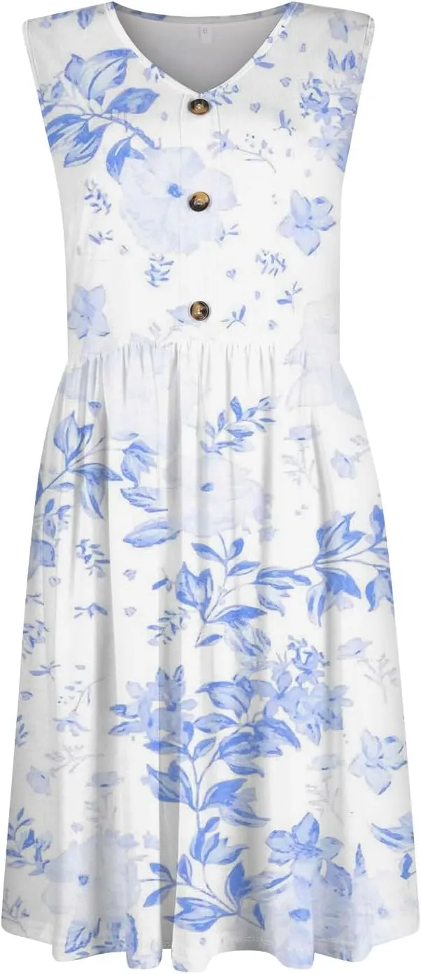 YUTANRAL Summer Dresses for Women 2025 Trendy Button Down V Neck Sleeveless Casual Loose Midi Tank Dress Resort Wear