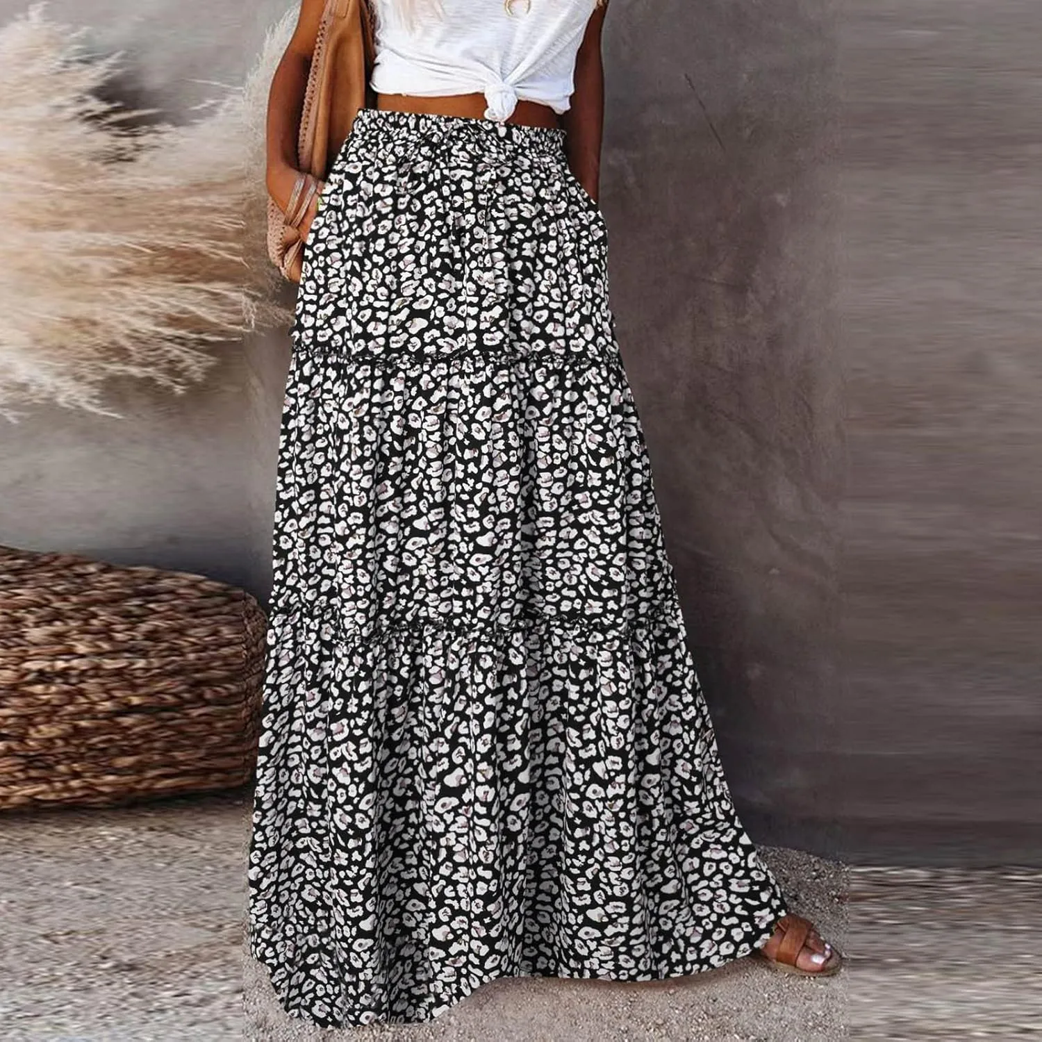 ZYXTIM Women's 2025 Boho Skirt E Elastic High Waist Pleated A-Line Flowy Swing Dresses Print Casual Summer Beach Long Skirts