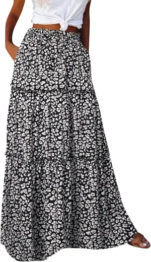 ZYXTIM Women's 2025 Boho Skirt E Elastic High Waist Pleated A-Line Flowy Swing Dresses Print Casual Summer Beach Long Skirts